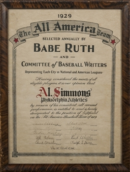 1929 Al Simmons "All America Board of Baseball" Certificate Signed by Babe Ruth.  Originates from Al Simmons Estate (PSA/DNA)